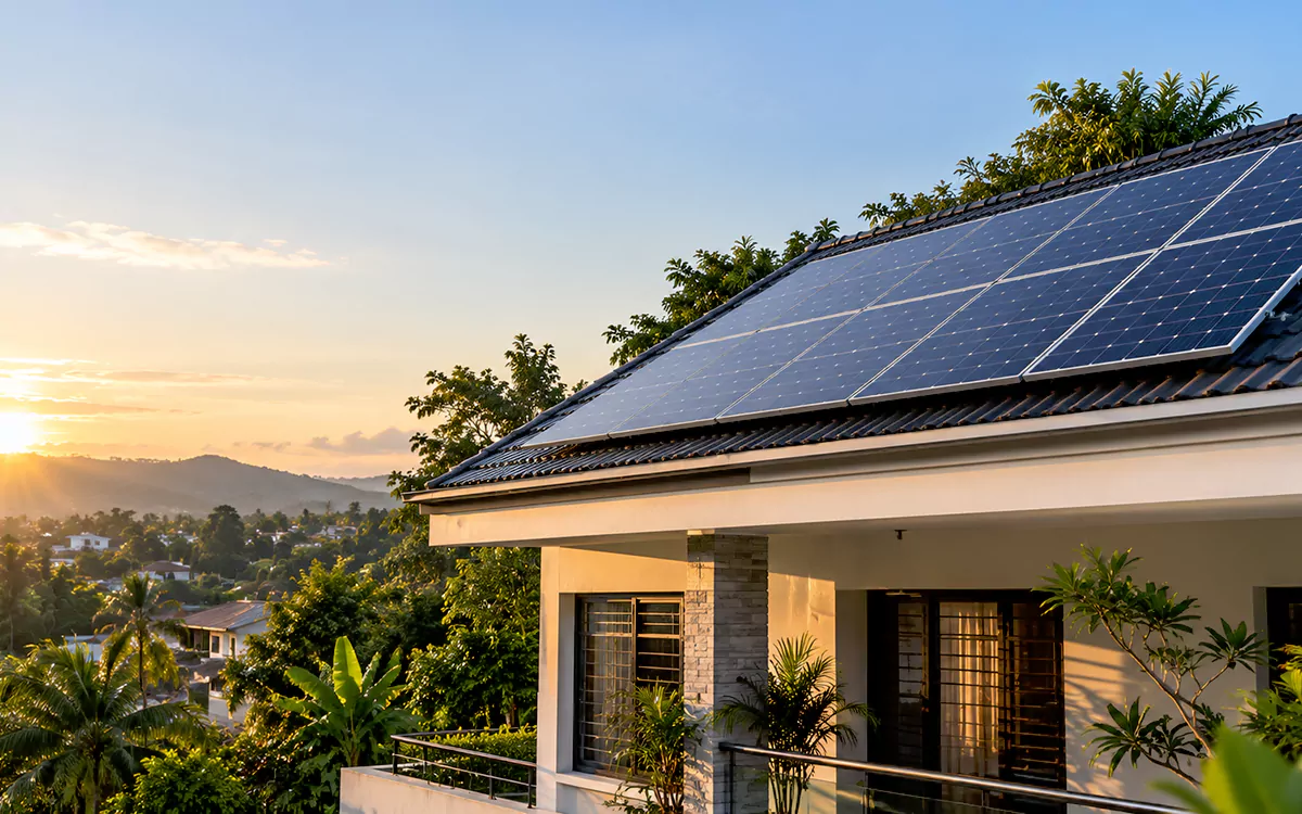 Kerala home with rooftop solar panels at sunrise